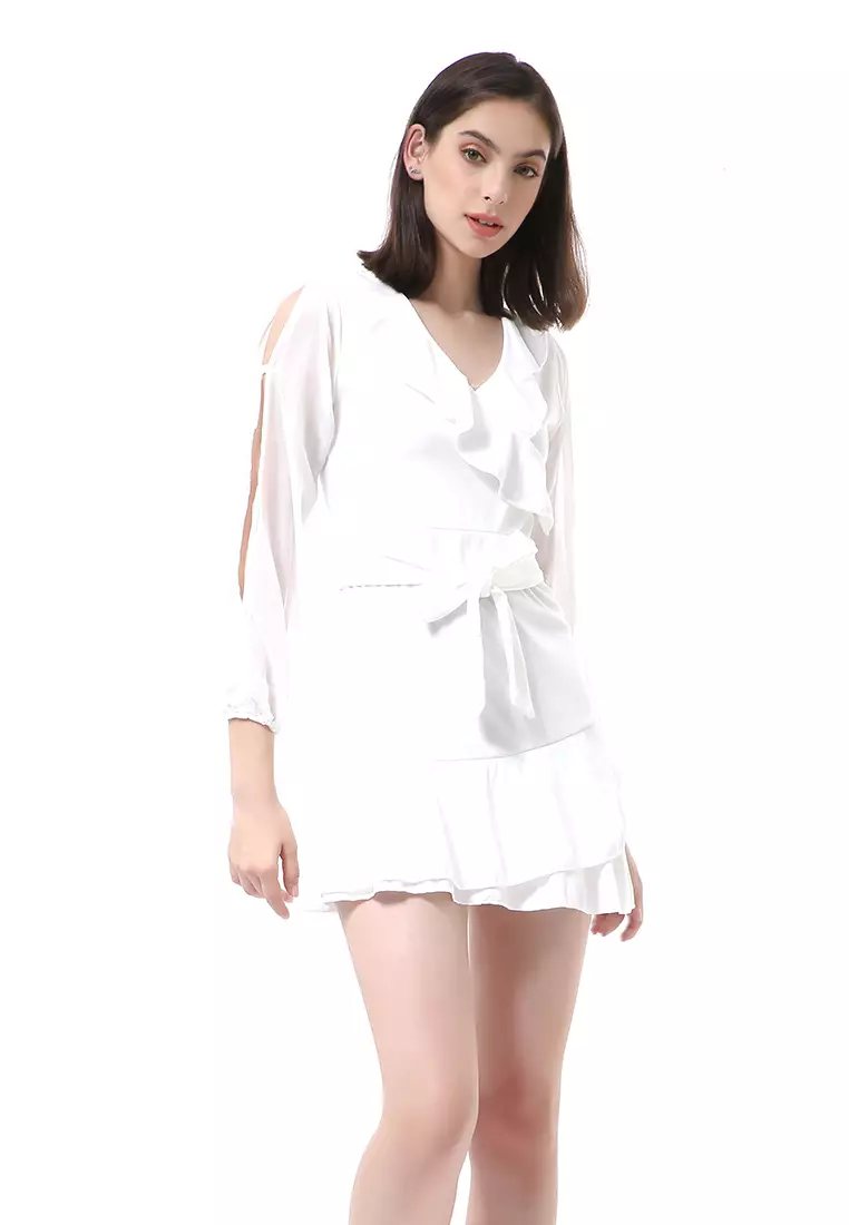 Rachel Sexy Dress Wanita Lengan Panjang Terbelah Model Tali Pinggang Stylish Material Polyester ORIGINAL - White