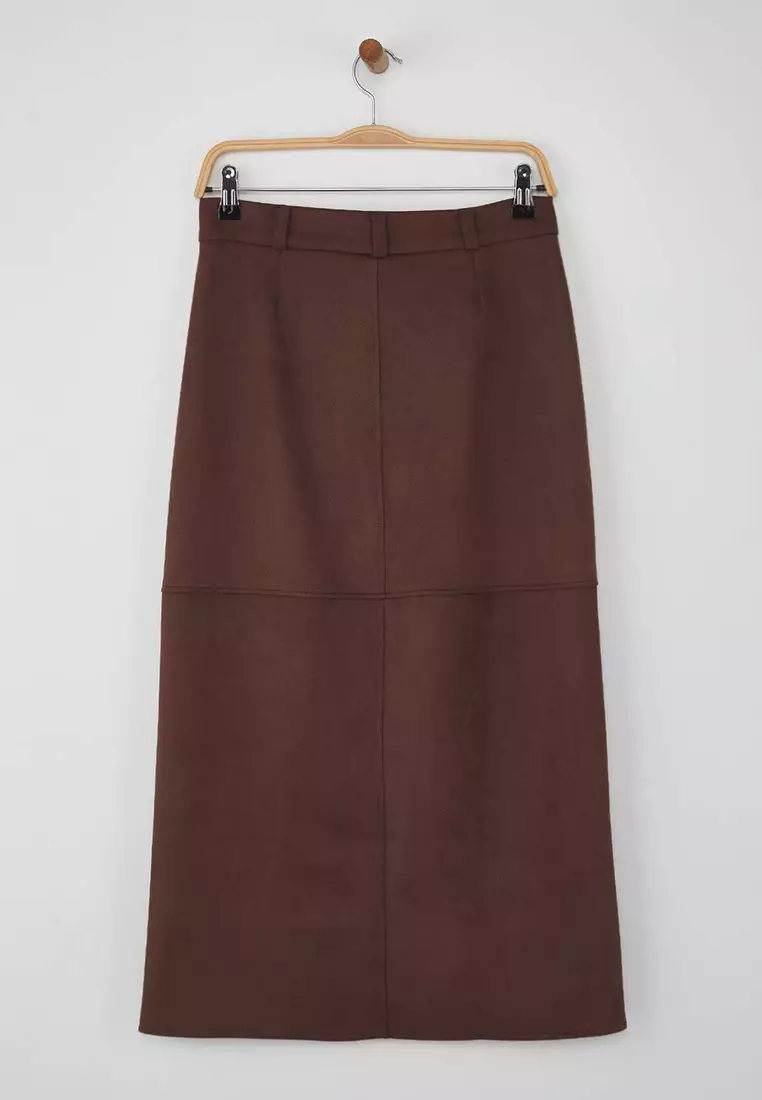 Brown Suede Buttoned Zippered A-Line/Flare Maxi Knit Skirt Twoaw26Et00010
