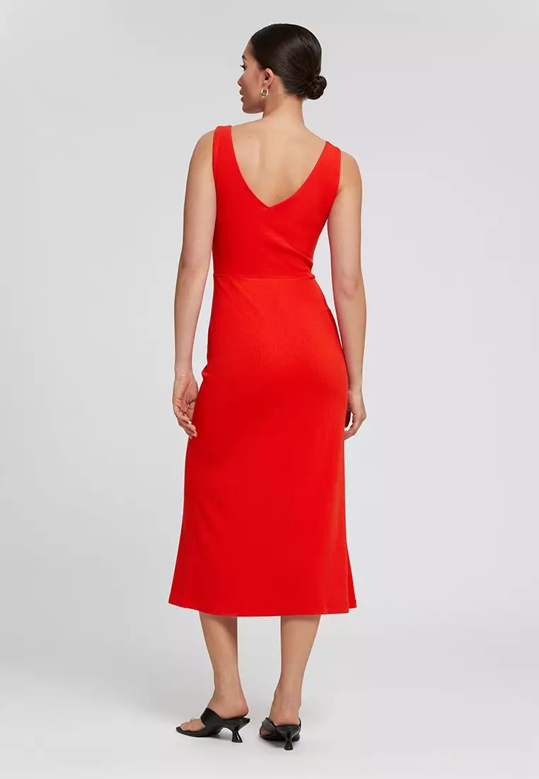 Ribbed Twist Front Midi Dress
