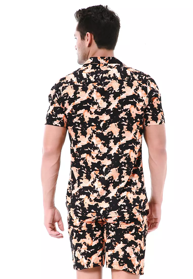 Deon Piyama Pria Kemeja One Set Lengan Pendek Motif Abstrak Material Rayon ORIGINAL - Black Orange