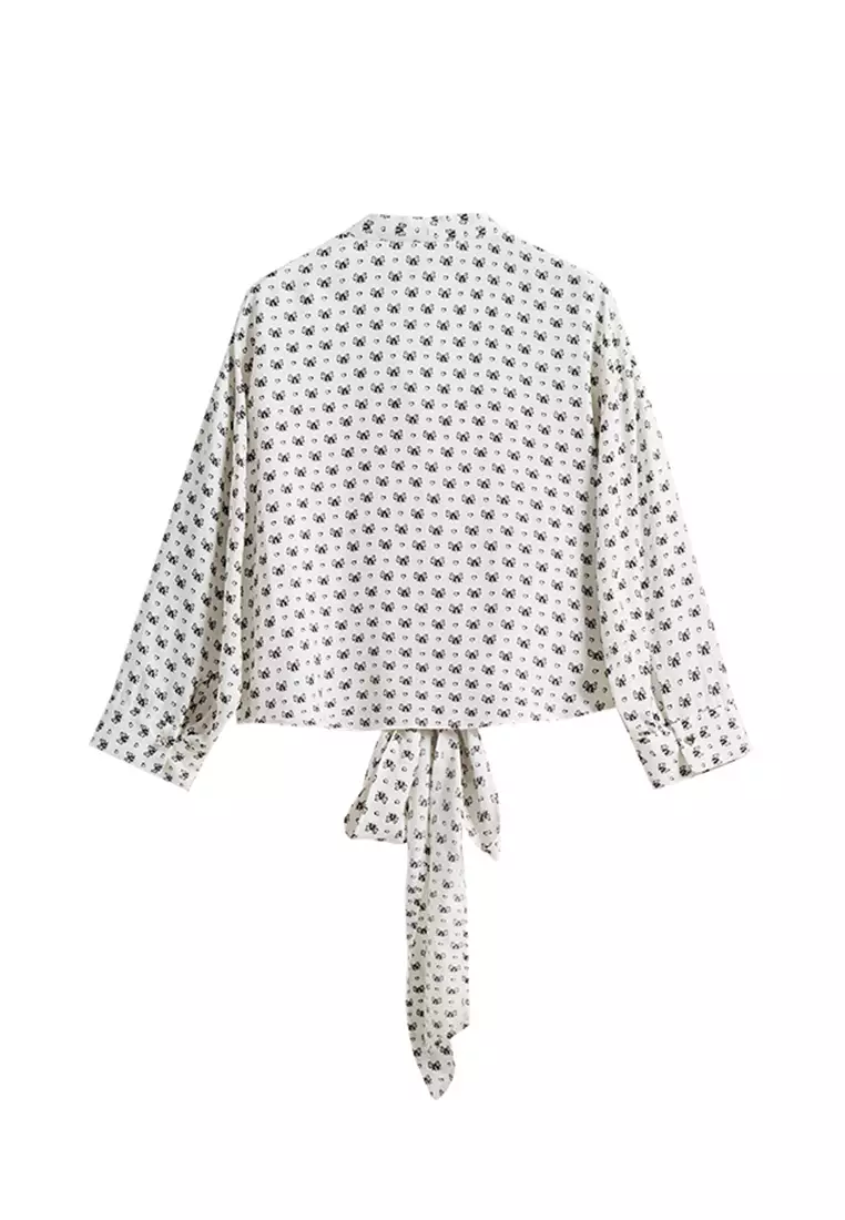 Allover Ribbon Design Crop Top with Front Tie