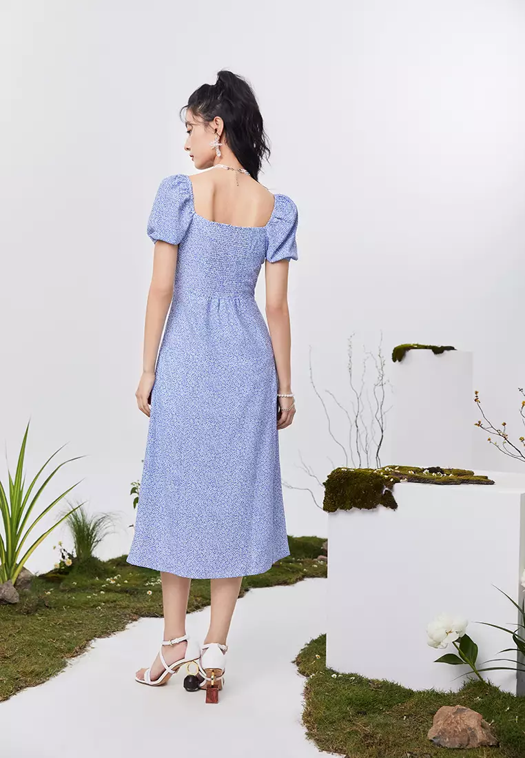 Front Slit Square Neck Floral Midi Dress