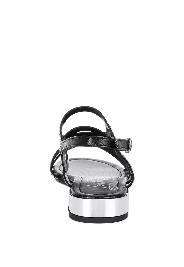 Sandal Datar Berlian Imitasi Detail Potongan Warna Hitam