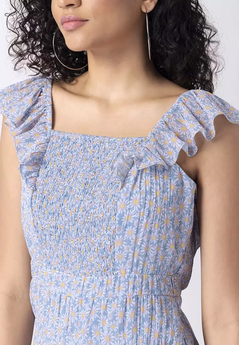 Powder Blue Floral Smocked Ruffled Playsuit