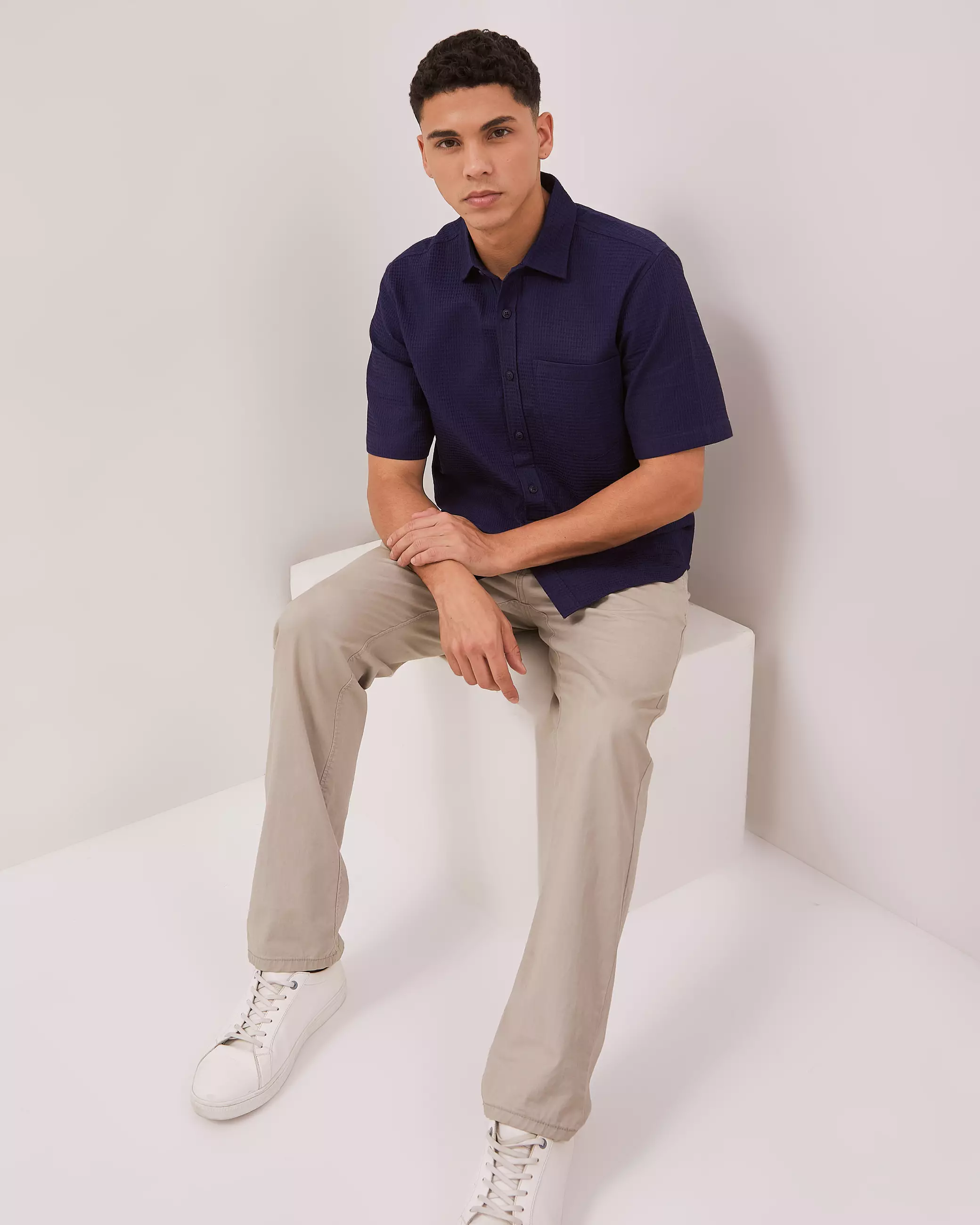 AMK Kemeja Polos Pria Lengan Pendek SHS Jackson Ss Navy Blue