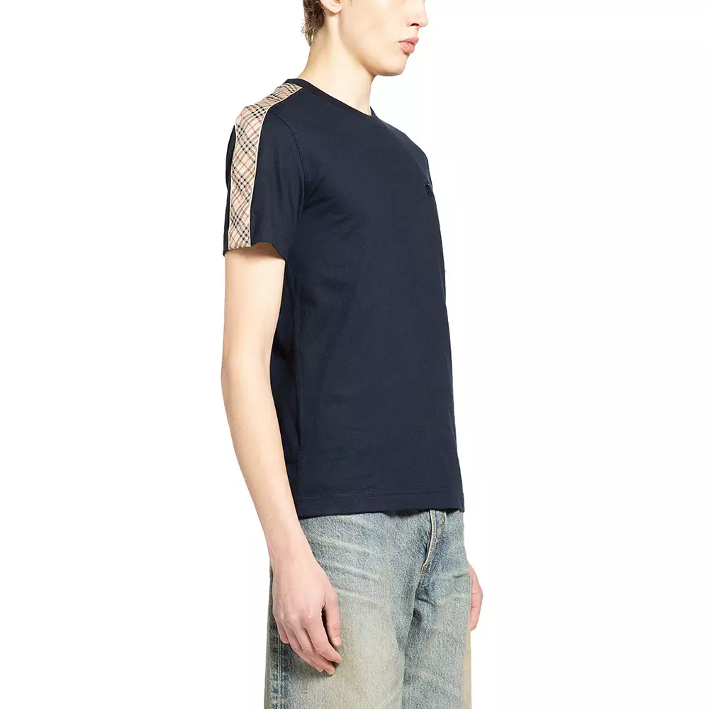 Check Trim Cotton T-Shirt Navy