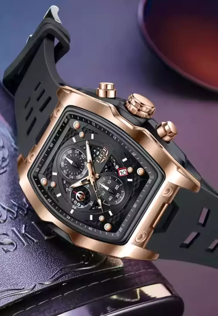 男女通用計時酒桶形塑膠和金屬合金石英錶，橡膠錶帶