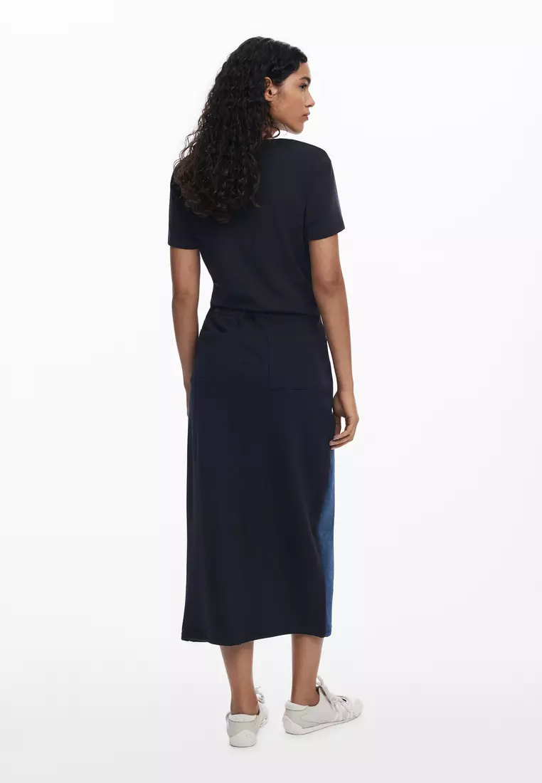 Combined denim midi skirt