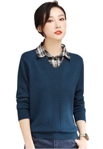 A-IN GIRLS blue Fake Two-Piece Checked Lapel Sweater 601D5AA01FD807GS_1