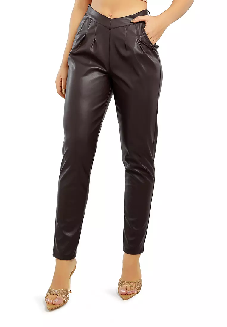 Chocolate Pleated Faux Leather Pants