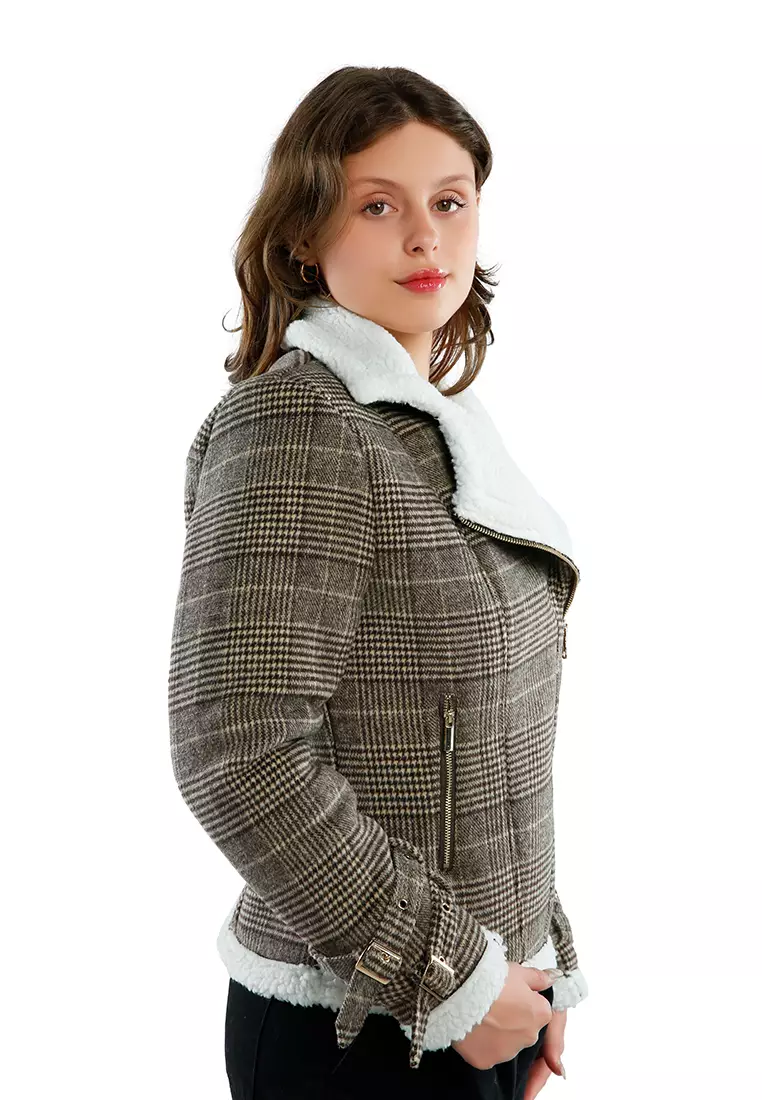 Brown Checkered Shearling Collar Winter Jacket