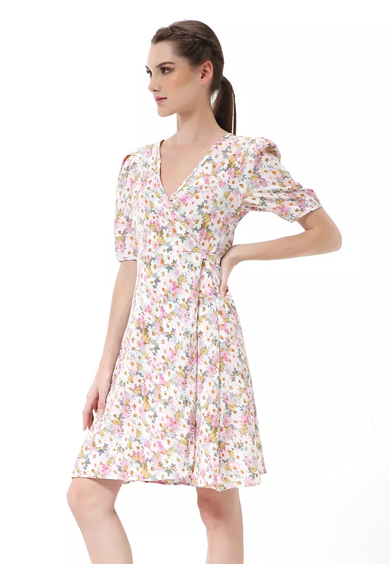 Rachel Dress Wanita Lengan Karet Flower Motive Model Belah Samping Material Cotton ORIGINAL - Pink