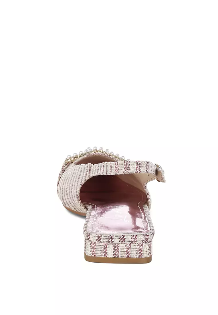 Pearl-Detailed Horsebit Woven Flats In Pink