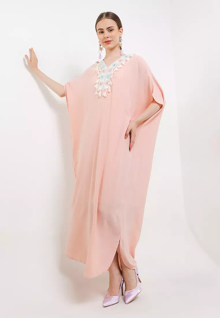 Mirror Work Tassel Detail Emb Crinkle Cotton Kaftan
