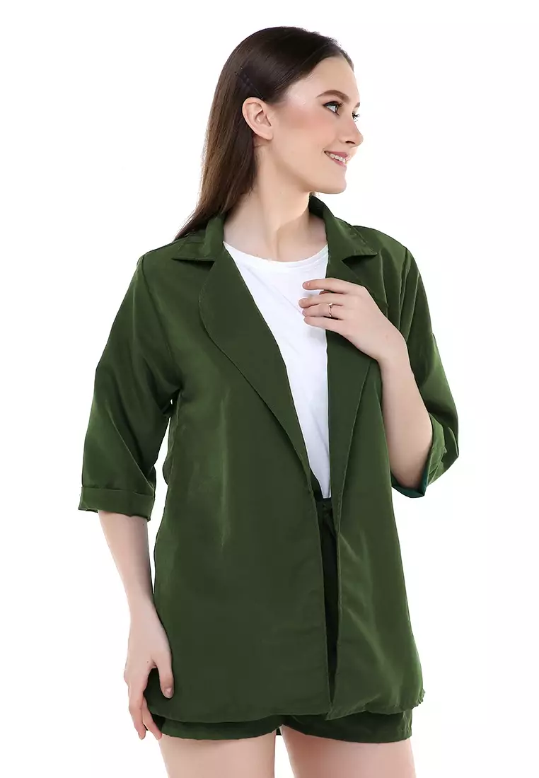 Nicrely Setelan Blazer Wanita One Set Longsleeve Outer Short Pant Material Twiscone ORIGINAL - Army