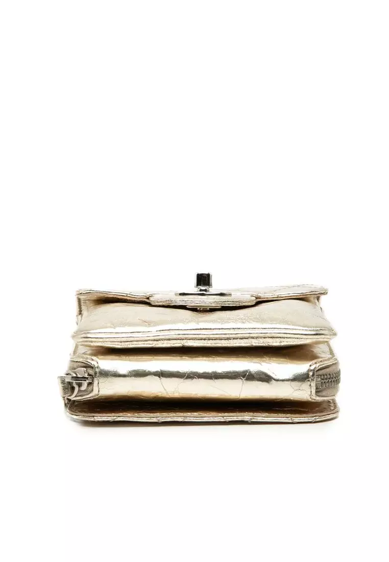Pre-Loved Chanel Quilted Metallic Aged Calfskin Clams Wallet On Chain