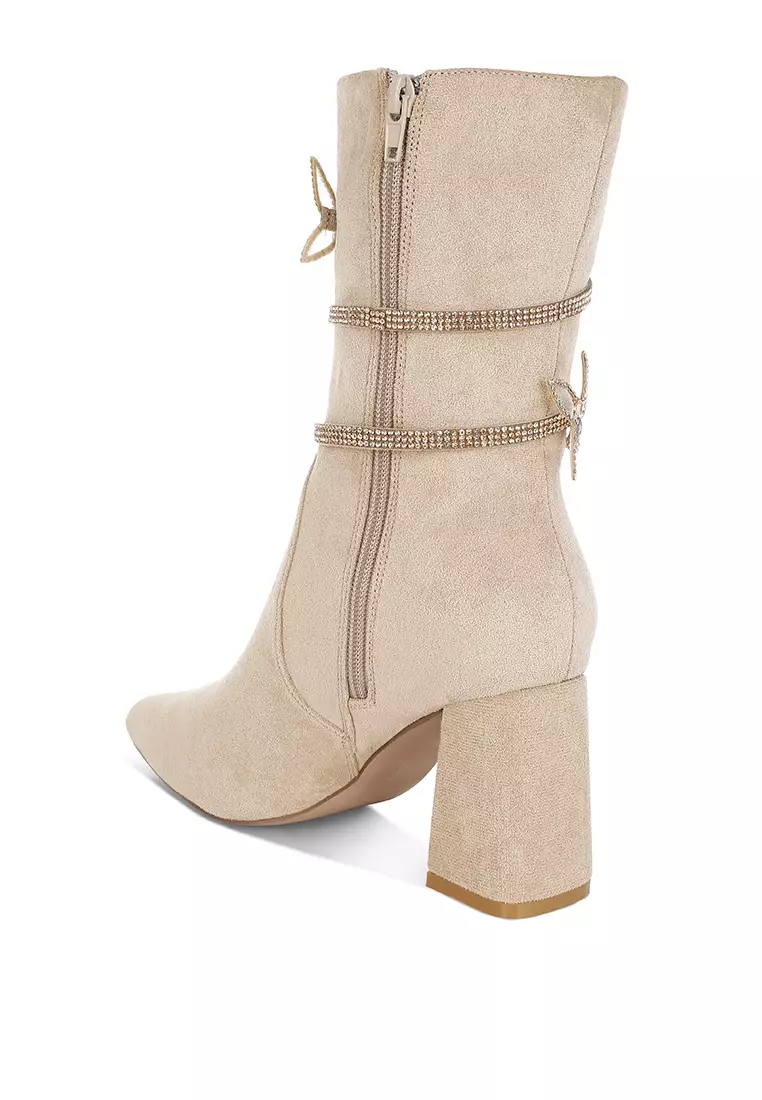 Rhinestone Brooch Wrap-Around Boots In Beige