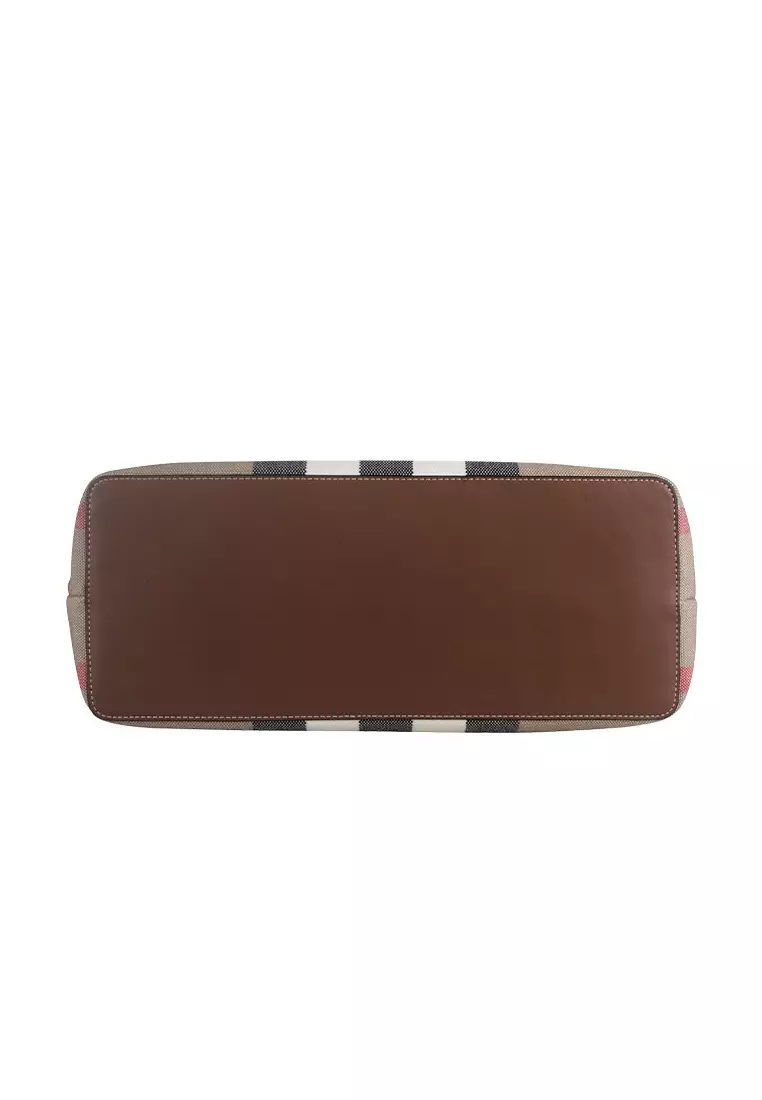 London Tote Check Canvas & Leather Bag in Taupe Brown 80840471