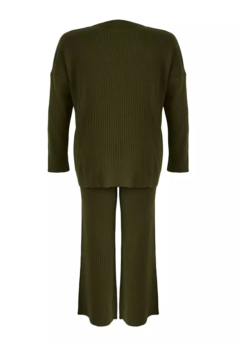 Khaki Corduroy Crew Neck Knitwear Sweater Pants Set Tbbaw23Cp00044