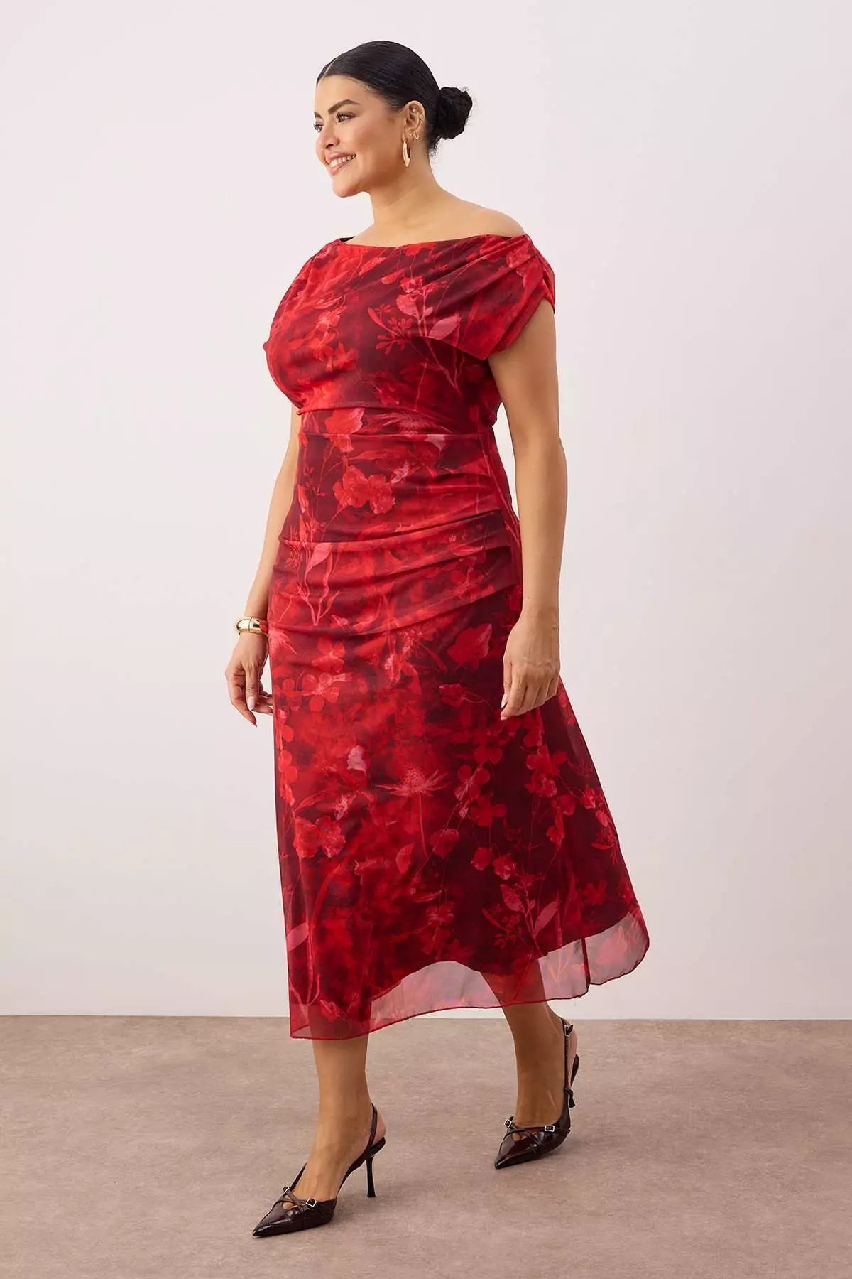 Red-Multicolor Midi Bodycon Tulle Knitted Plus Size Dress Tbbss25Ah00249