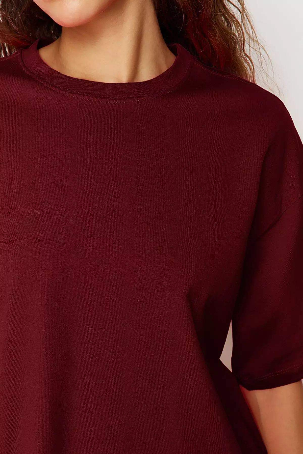 Claret Red 100% Cotton Premium Oversize/Wide Pattern Crew Neck Knitted T-Shirt TWOSS23TS00040