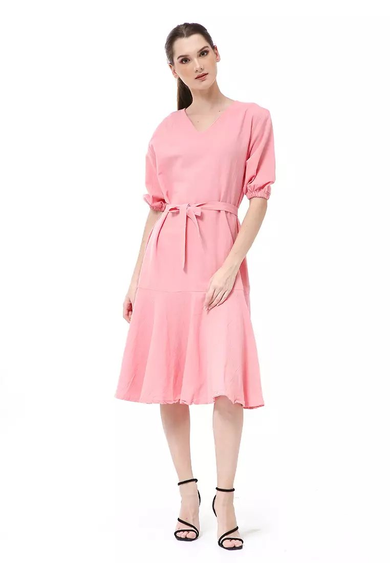 Jual Hamlin Rachel Midi Dress Ruffle Wanita with Strap Lengan Pendek  Material Linen ORIGINAL - Pink Original 2026 | ZALORA Indonesia