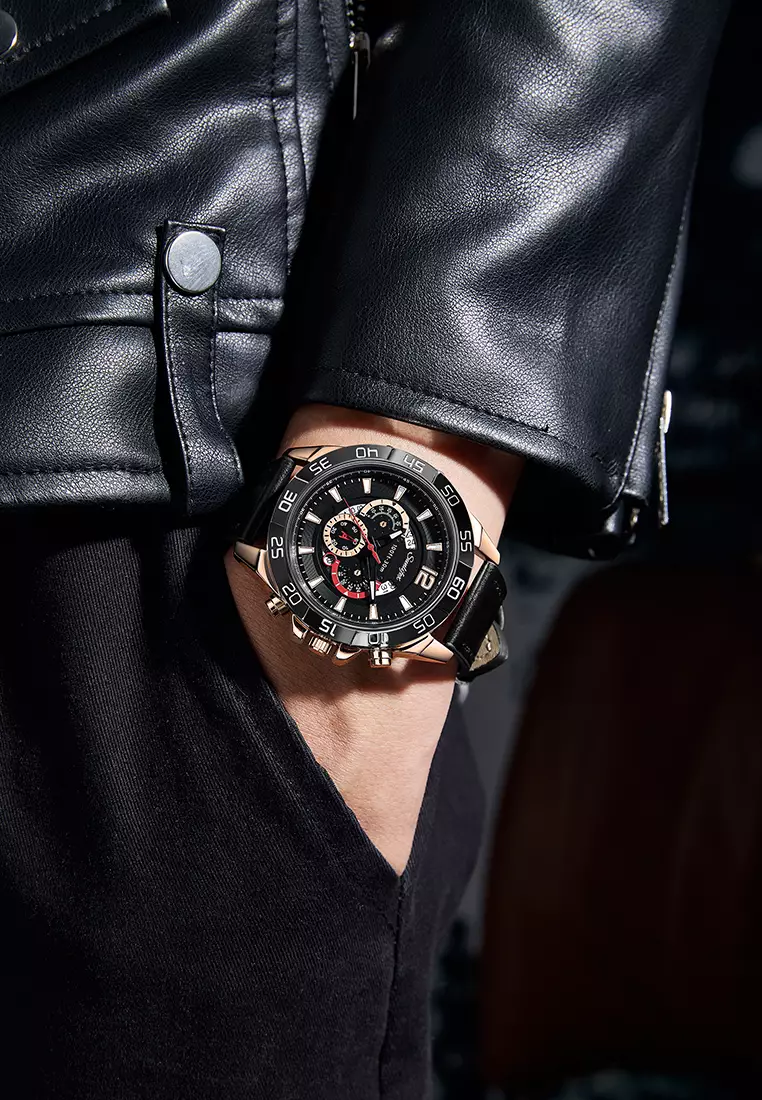 Jam Tangan Pria 9191 Original Kalendar Tali Kulit Anti Air Bercahaya Kuarsa Jam Tangan Cowok  allblack