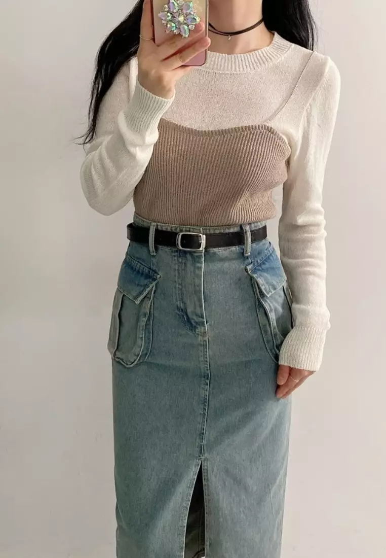Korean style casual slit denim maxi skirt CA26033034BL