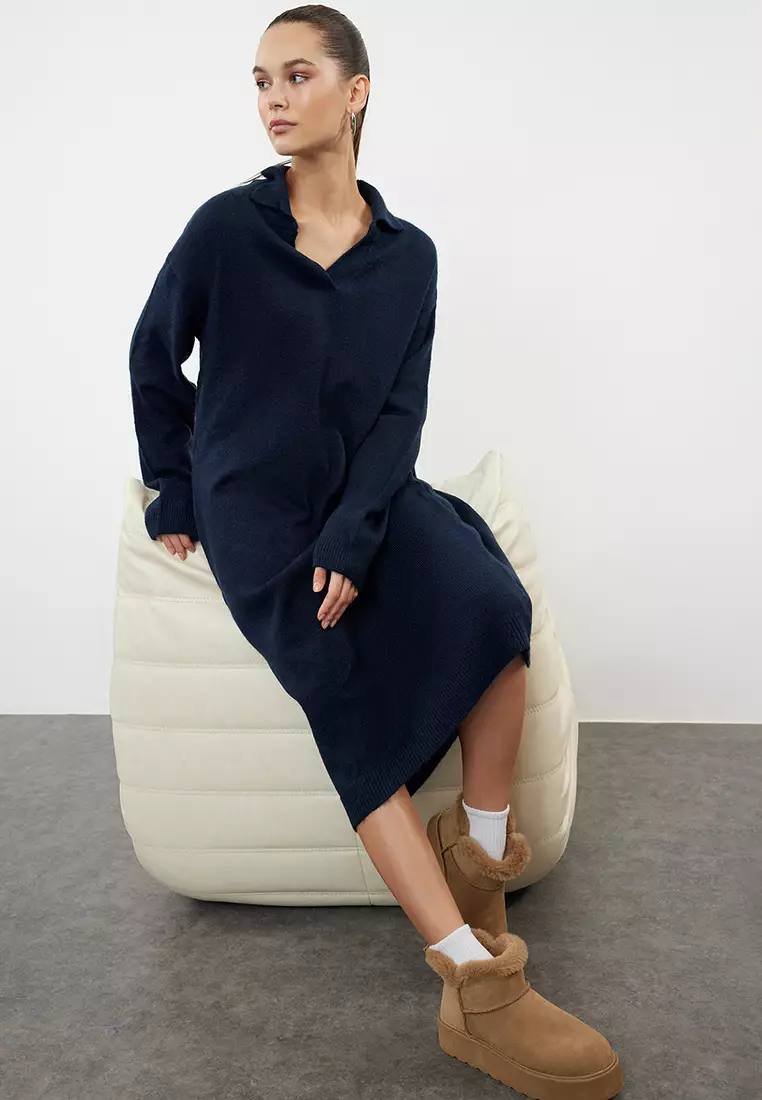 Navy Blue More Sustainable Midi Knit Soft Texture Dress TWOAW24EL00520