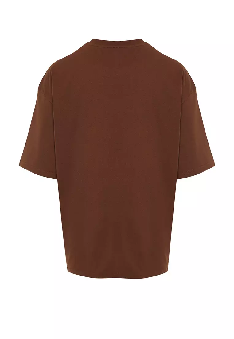 Brown Oversize/Wide Cutting Dinosaur Embroidered 100% Cotton T-Shirt TMNSS23TS00243 TMNSS23TS00243