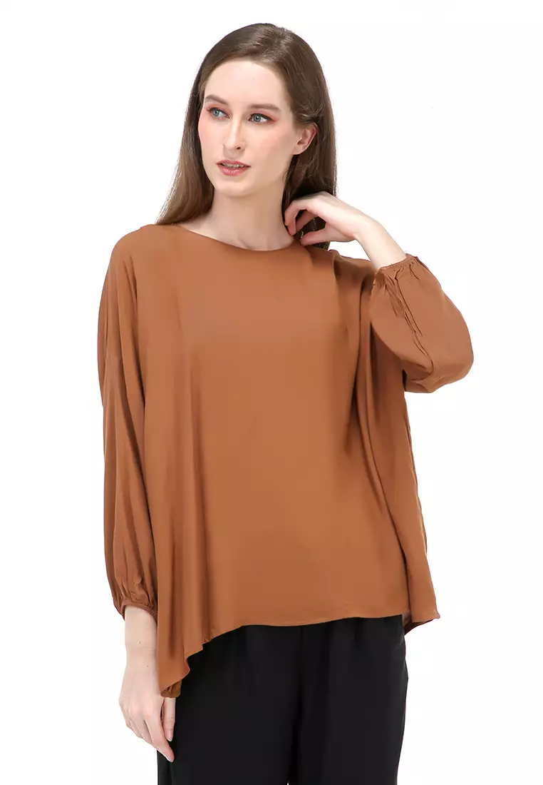 Jennifer Blouse Long Sleeves Wanita Motif Polos Atasan Casual - Caramel