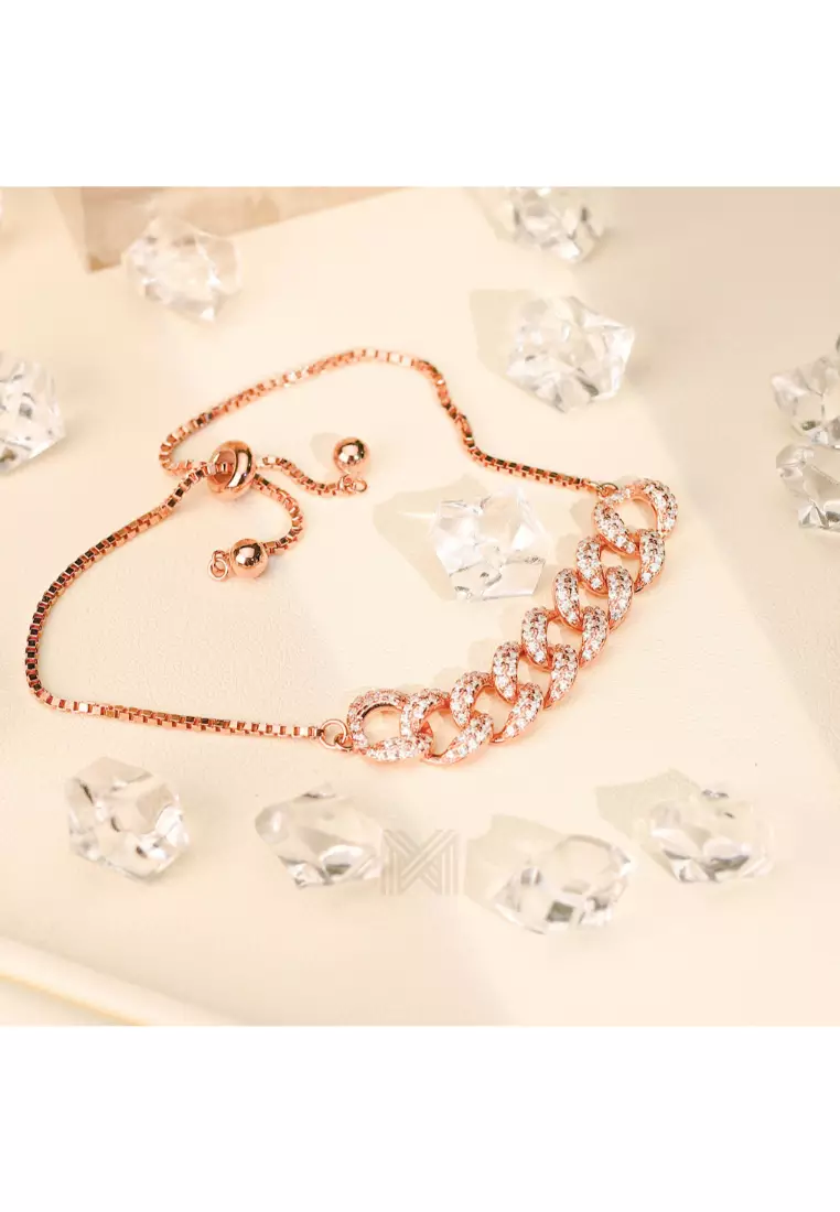 Millennia 2000 Chain Link Studded Drawstring Cubic Zirconia Rose Gold Bracelet with 925 Sterling Silver