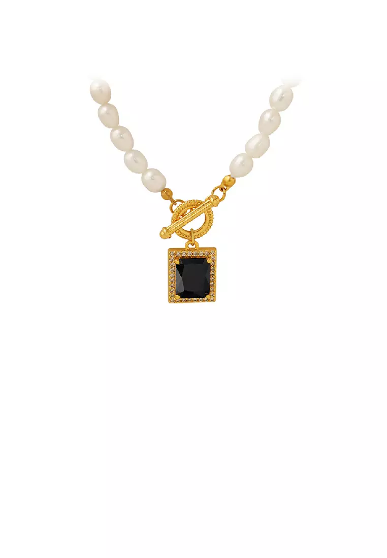 Fashion Temperament Plated Gold 316L Stainless Steel Geometric Cube Black Cubic Zirconia Pendant with Imitation Pearl Necklace