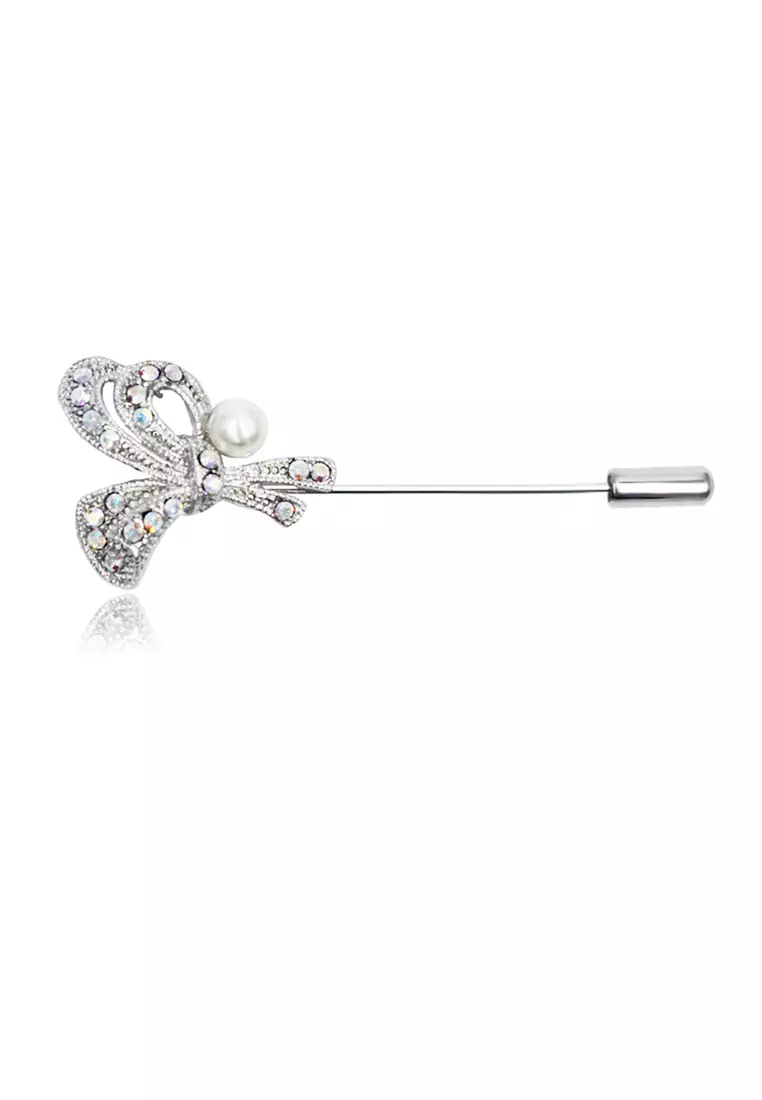 Graceful Lifelong Bow with Pearl Lapel Pin Brooch