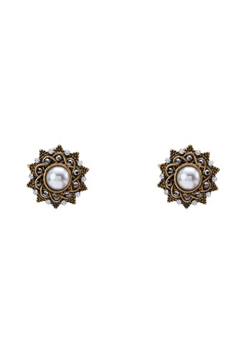 鑲鑽珍珠花卉zalora 衣服評價耳針, 飾品配件, 耳環