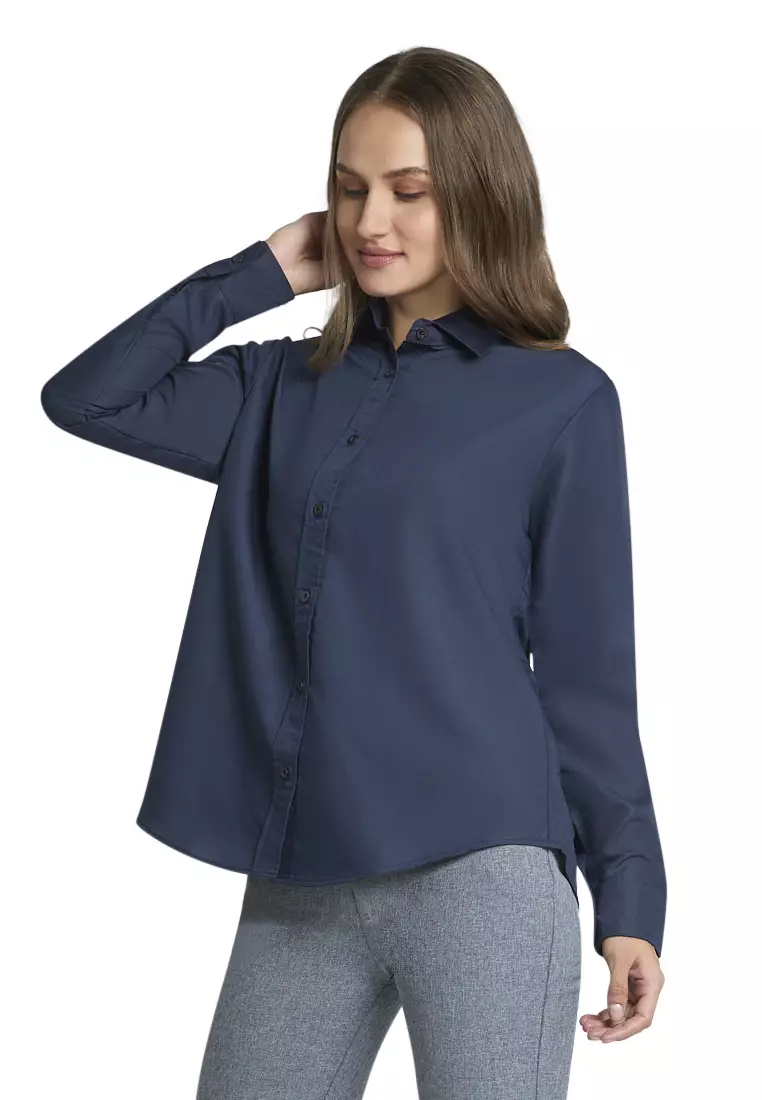 Zwetta Kemeja Lengan Panjang Plain Shirt Basic Atasan Wanita Regular Fit - Navy