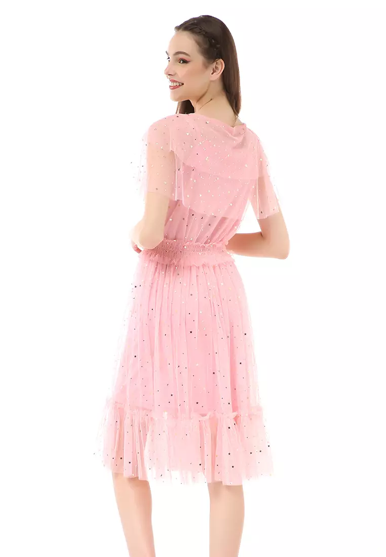Rachel Dress Fashion Wanita Pinggang Elastis Lengan Pendek Material Brukat ORIGINAL - Pink