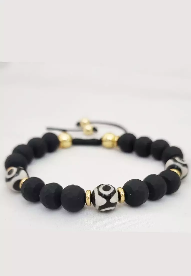 Aksesoris Wanita Obsidian Beads Tribal Agate Macrame Bracelet Gelang Wanita Black & Gold