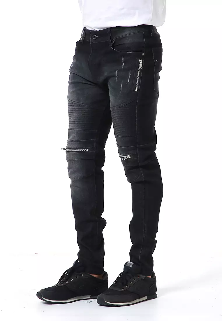 Nemanja Celana Casual Pria Biker Jeans Long Pants Zipper Design Material Denim ORIGINAL - Black