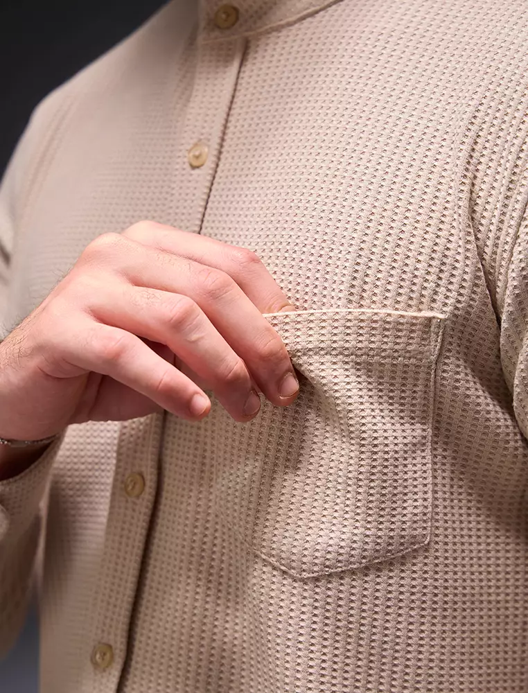 OXCON kemeja Tangan Panjang Waffle Kerah Collarless Cream