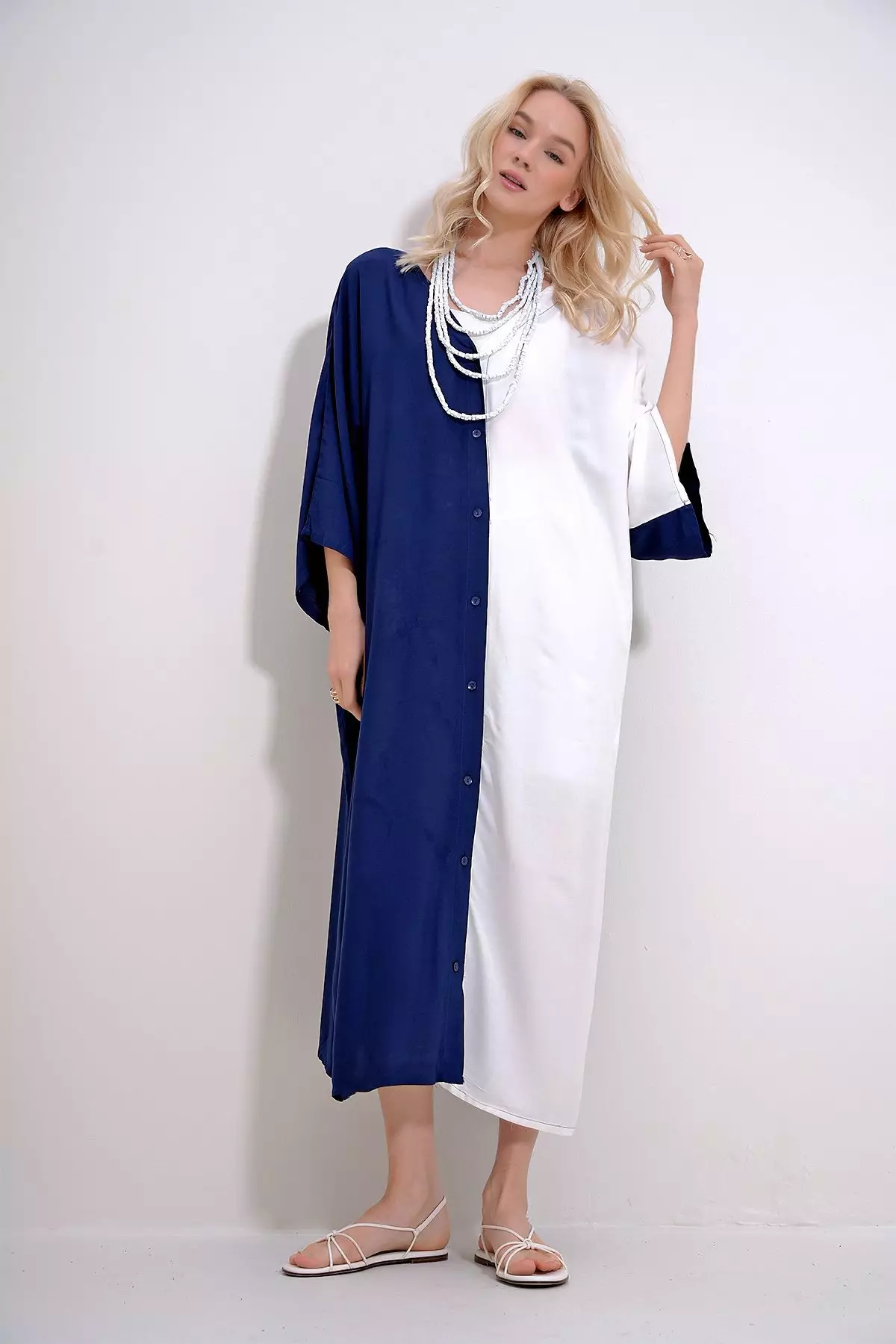 Women's Navy Blue-White V-Neck Front Buttoned Color Blocked Back Embroidered Woven Viscose Dress Alc-X11998