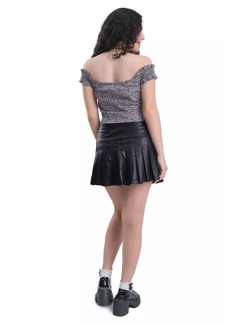 Pleated Leather Mini Skirt With Belt Detail