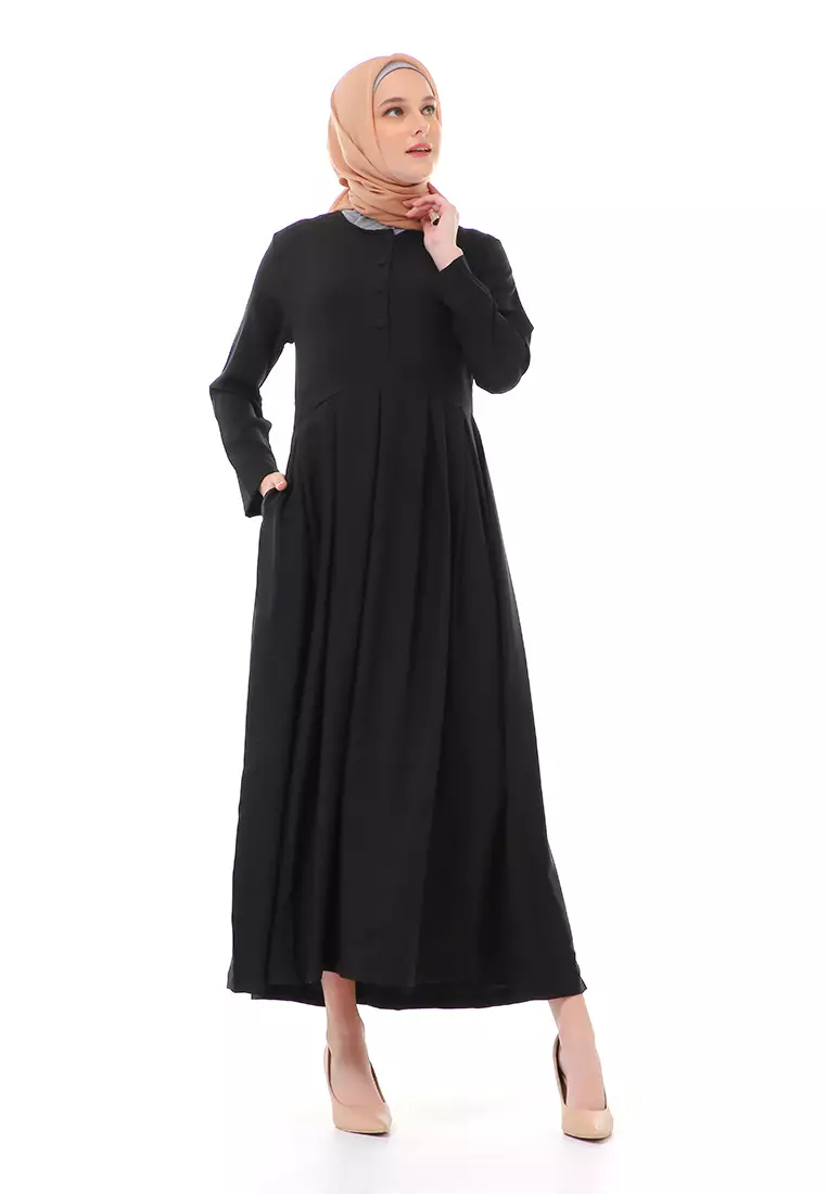 Enzy Dress Muslimah Wanita Lengan Panjang Regular Fit Premium High Quality - Black