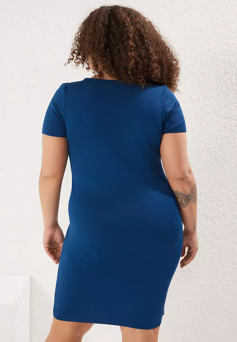 Navy Blue U-Neck Stone Detailed Summer Knit Dress Tbbss25Ah00123