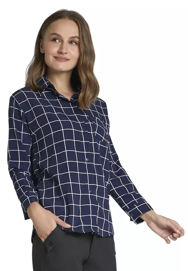Osvald Blouse Long Sleeve Motif Kotak-Kotak Atasan Baju Wanita Casual - Navy