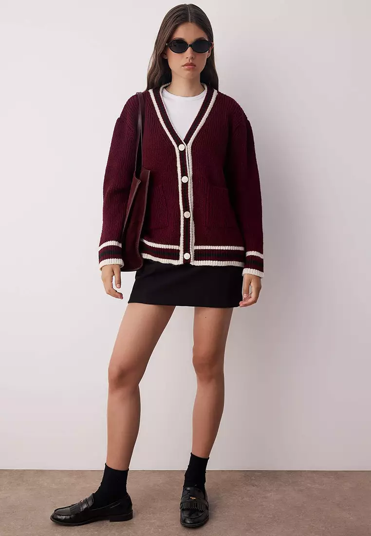 Burgundy Color Block Wide Pattern Knitwear Cardigan