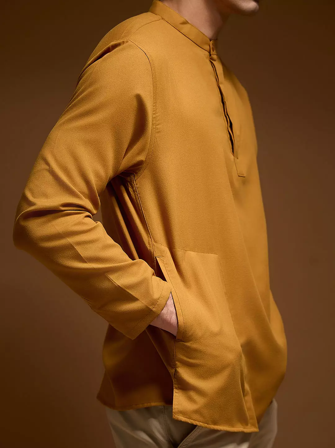 OXCON Kemeja koko Tangan Panjang Collarless Azfar Teracotta