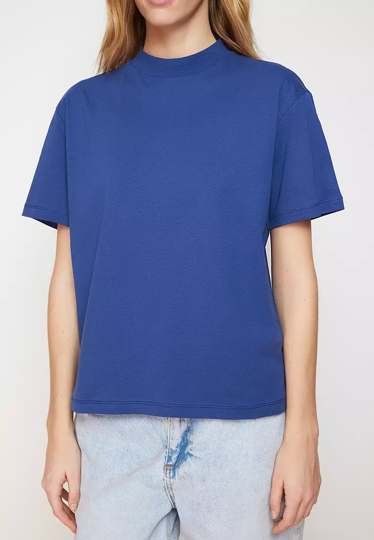 Indigo Basic Regular/Normal Pattern Stand Collar Knitted T-Shirt