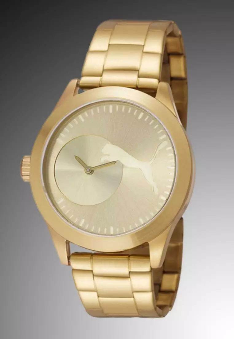 Value Deal - Puma Gold Colored Stainless Steel Quartz Watch + 5s PRO MINI Wireless Earphones - Black