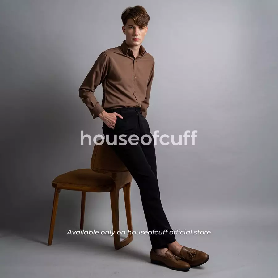 Houseofcuff Kemeja Kerja Formal Pria Model French Cuff / Double Cuff Dengan Cufflinks Warna Coklat